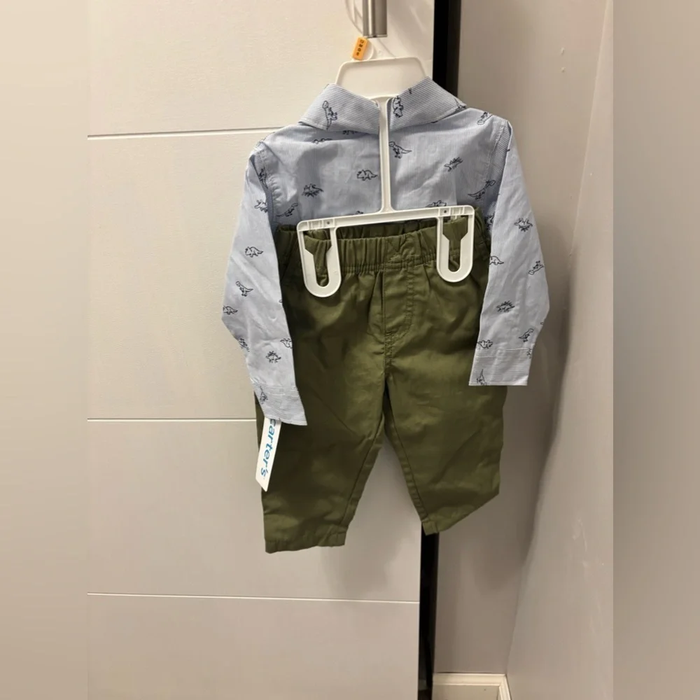 Carters Boys Dinosaur Light Blue Button Up Shirt + Green Pants 2 Pc Size 12M